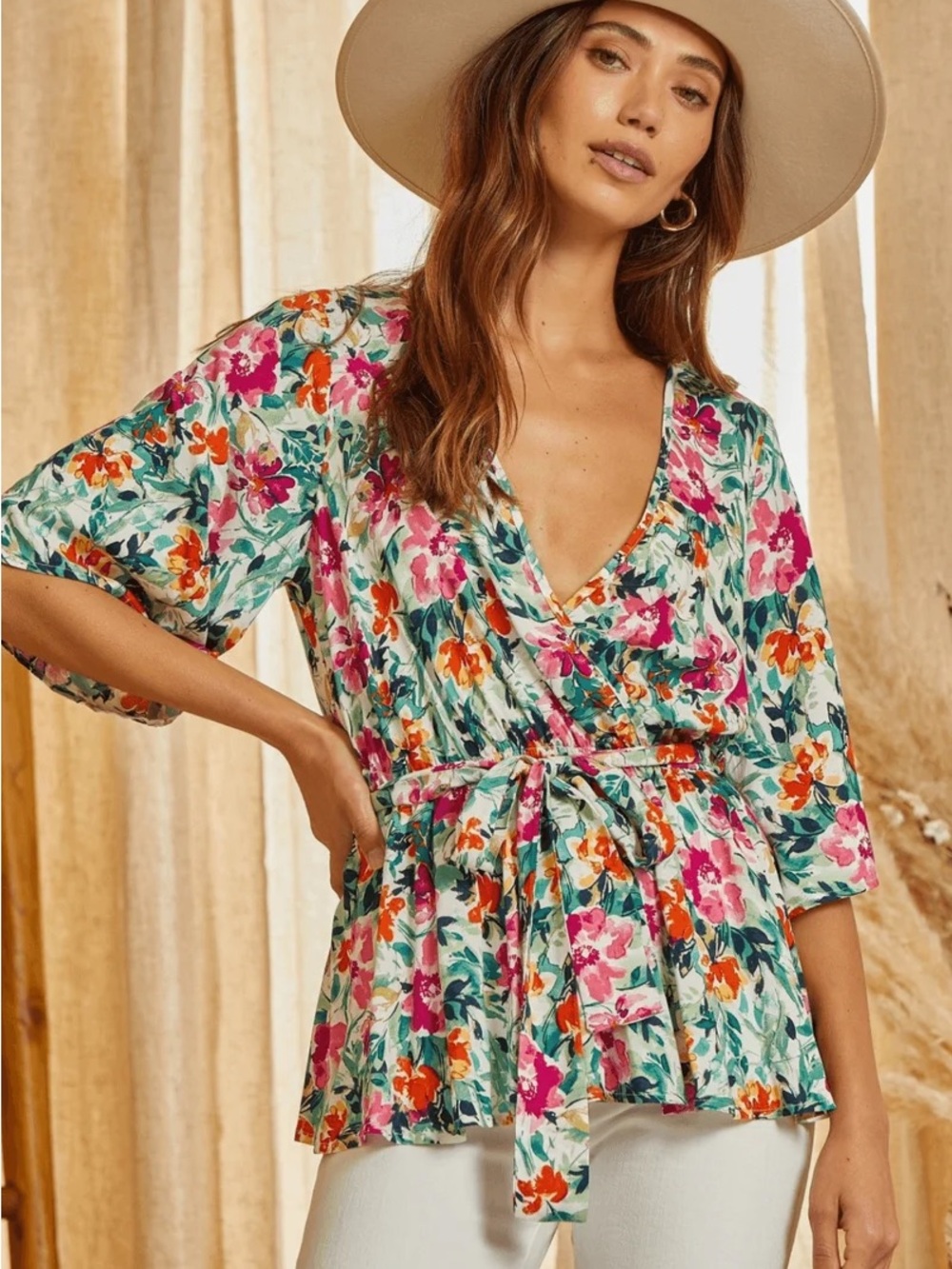 Savanna Jane Floral Wrap Blouse in White, Pink, Orange, Green